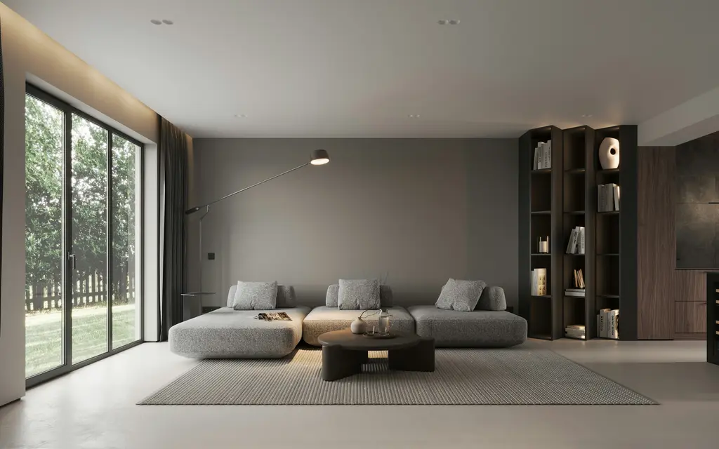 Sala de estar com sofá cinza e estante